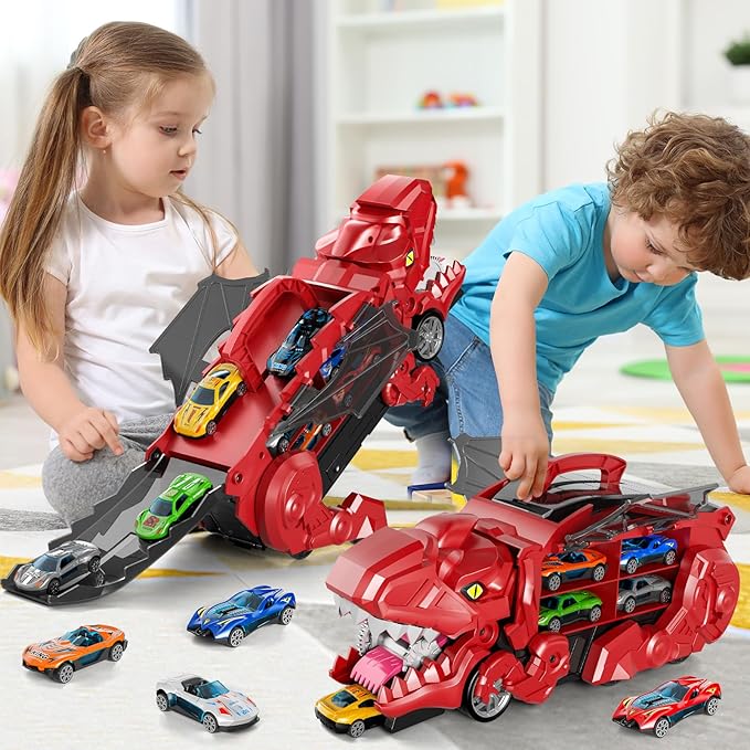 Toddler Truck Toys for 3 4 5 6 Years Old Boys, Toys Cars Track Set Dinosaur Transporter Truck with 10 Die-Cast Car Toys, Transforms into Dino, Toddler Car Toys Set for Kids Boys Girls