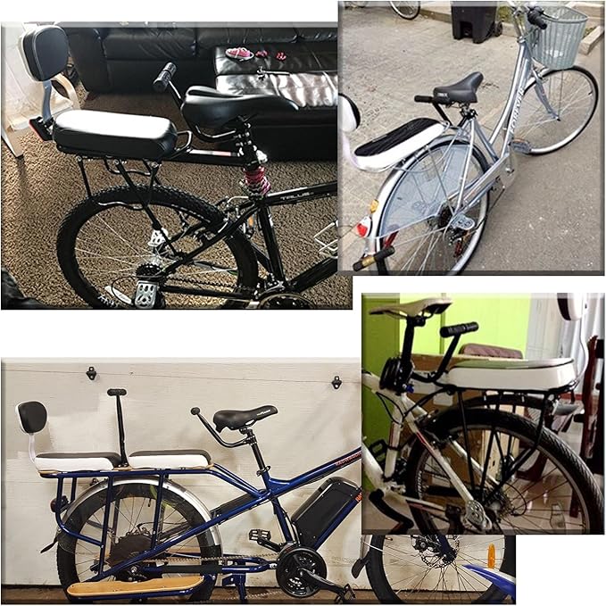 Bike Child Seat Kit, Included Bike Rear Seat Cushion with Safety Cycling Backrest + Backseat Armrest Handrail + Foldable Hidden Bicycle Footrests + Universal Handlebar Bell + Installing Tools
