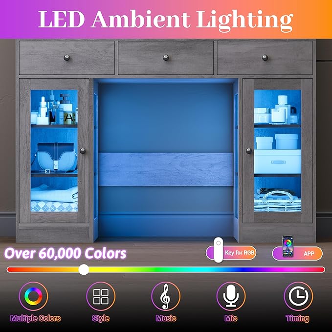 Makeup Vanity with Mirror and Lights, 43'' Wide Dressing Table with Storage Drawers, Open Shelves & Power Outlet, Vanity Desk with RGB Cabinet & Glass Top for Girls Bedroom, Living Room, Grey