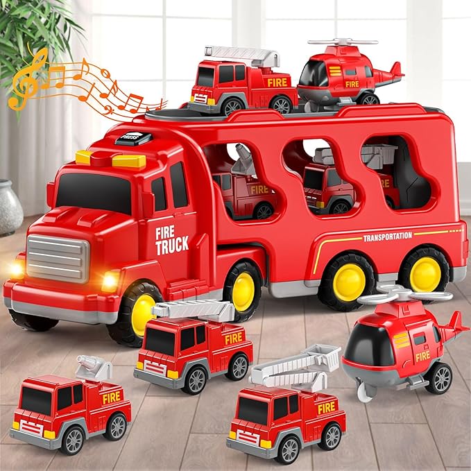 5 in 1 Fire Truck Cars for Toddlers 3-5, Boy Car Truck Toys with Light Sound, Birthday Gifts for 3 4 5 6 Year Old Boy