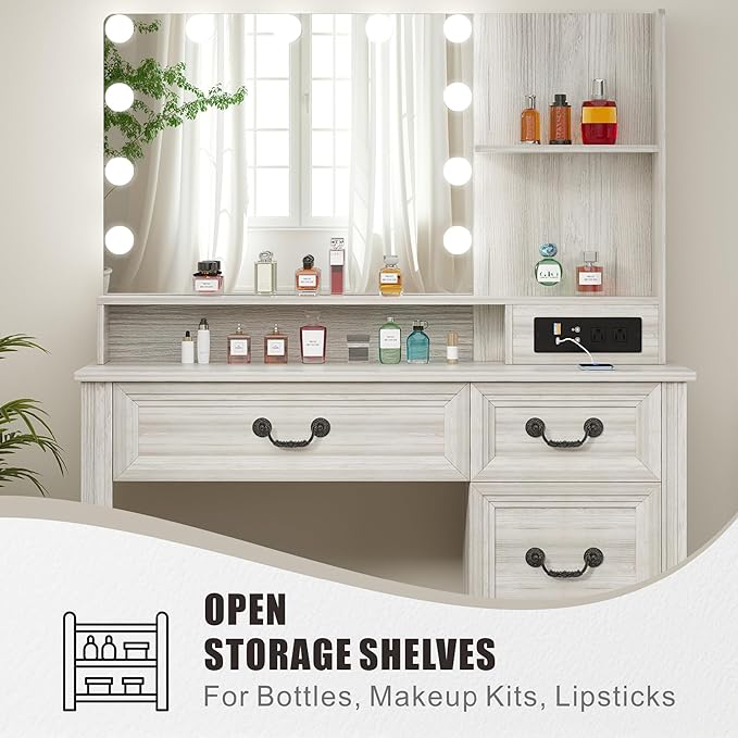 Vanity Desk with Mirror Light and Power Outlet, 39 inch Farmhouse Makeup Table Set with Stool, 3 Color Adjustable Lights Bedroom Dressing Table with 4 Drawer for Women Girls Teens, Gray White