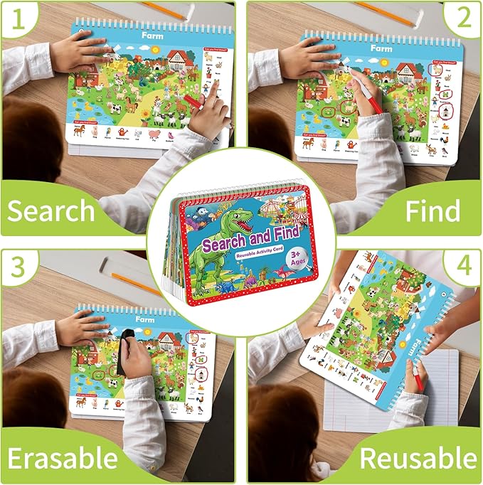 Search and Find Book for Kids Ages 4-6,3-8, Reusable Activity Pad with 24 Toddler Activities Books, Educational Toys for 3+ Year Old, Toddler Airplane Travel Essentials, Travel Toys for Kids 4-8