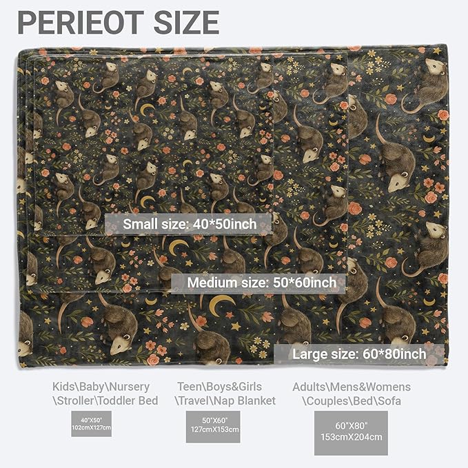 Cute Opossum Blanket,Possum with Moon and Floral Fleece Blankets,Soft Warm Decorative Throw for Bedroom,Living Room,Travel,Camping,Practical Throws Gifts for Kids Animal Lovers,50X60 Inch