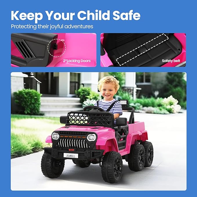 12V Power Wheels Jeep for Kids - Ride On Truck Car w/2WD/4WD Switch w/Parent Remote Control, 6 Wheels Suspension Electric Car for Kids, Pink