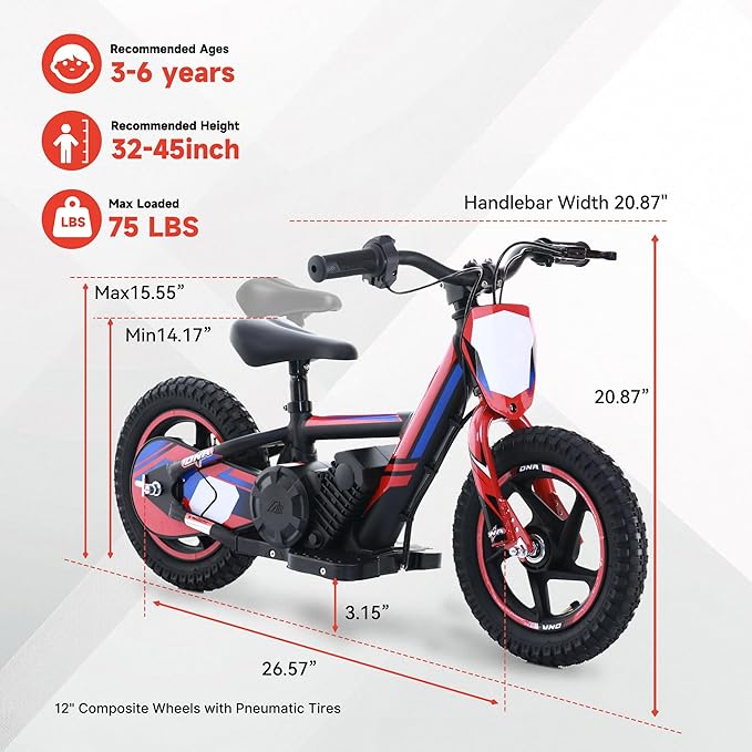 Lightweight Electric Dirt Bike for Kids,170W Racing Motorcycle for Ages 3-6, Detachable Battery, Adjustable Seat, Safe Speeds Up to 10 MPH, Mini Motocross Bike 12" Off Road Tires, Red