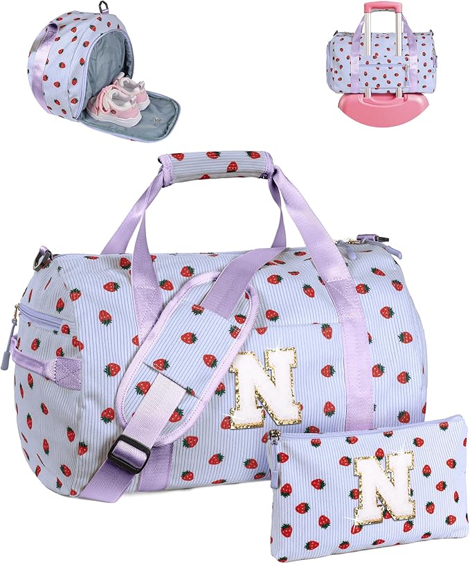 Dance Recital Gifts for Daughter, Girls Gym Bag, Kids Personalized Overnight Duffle Bags with Shoe Compartment, Monogram Travel Tote with Makeup Bag, Preppy Stuff (Letter N)