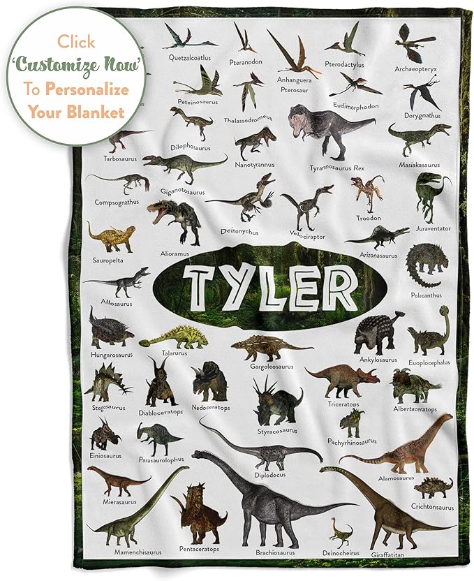 Personalized Dinosaur Blanket for Kids, Ships Next Day - Dino Throw Blanket for Boys and Girls, Toddler Bed, Room & Bedroom Decor - Educational Blankets for Children - USA Based (Fleece - 50x60)