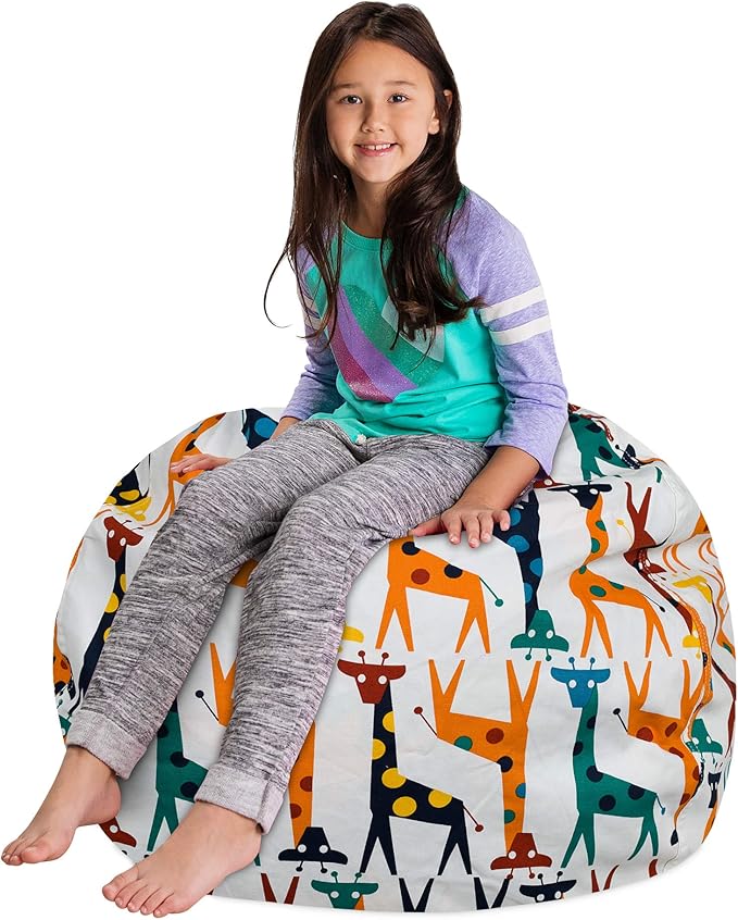 Posh Creations Stuffable Kids Stuffed Animal Storage Bean Bag Chair Cover - Childrens Toy Organizer, Large-38 - Canvas Giraffes on White