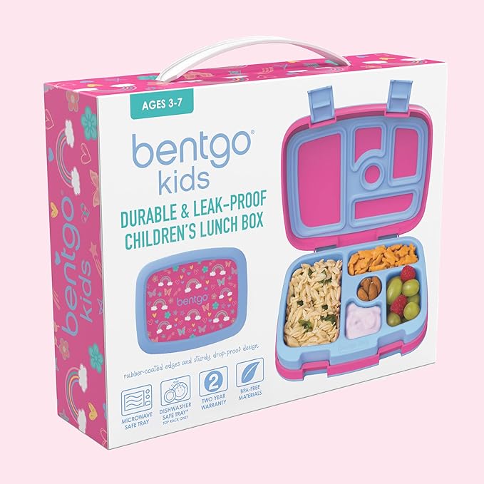 Bentgo Kids Prints Leak-Proof, 5-Compartment Bento-Style Kids Lunch Box - Ideal Portion Sizes for Ages 3-7, Durable, Drop-Proof, Dishwasher Safe, & PFAS & BPA-Free Materials (Rainbows & Butterflies)