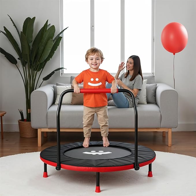 Happin® 36" Mini Foldable Toddler Trampoline for Kids with Height-Adjustable Handle, Noise-Free Kids Trampoline Indoor with Super Safety Pad & Durable Steel Frame, Indoor/Outdoor