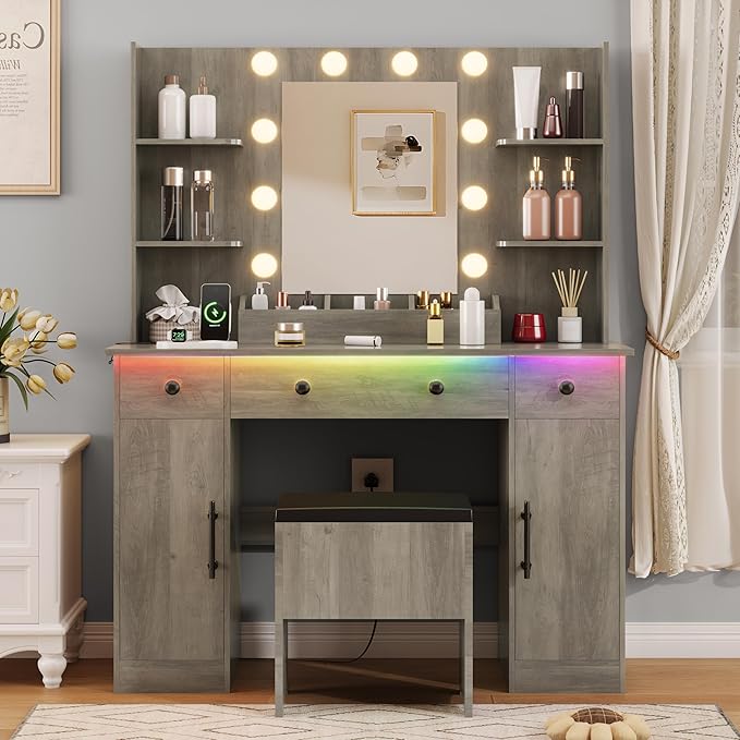 Vanity Desk with Mirror and Lights,Grey Makeup Vanity with Charging Station & Stool, 3 Drawers and Cabinets, Farmhouse Vanity Mirror with RGB LED Lights Makeup Desk and Chair for Women