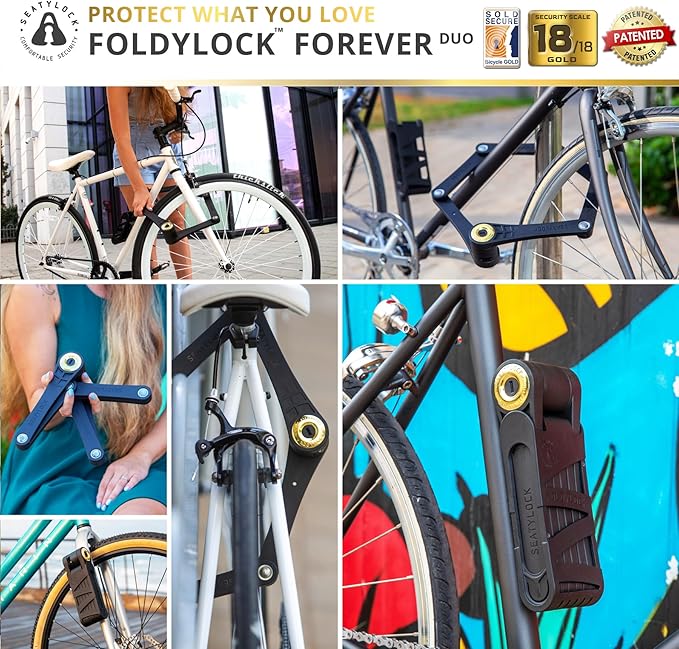 Seatylock FoldyLock Forever Folding Bike Lock Set - Patented 2 Matching Bicycle Locks with 6 Identical Keys - 18/18 Heavy Duty Anti Theft Secure Guard with Keys & Case Mount - 35.4"