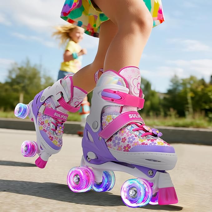SULIFEEL Rainbow Unicorn 4 Size Adjustable Light up Roller Skates for Girls Boys for Kids