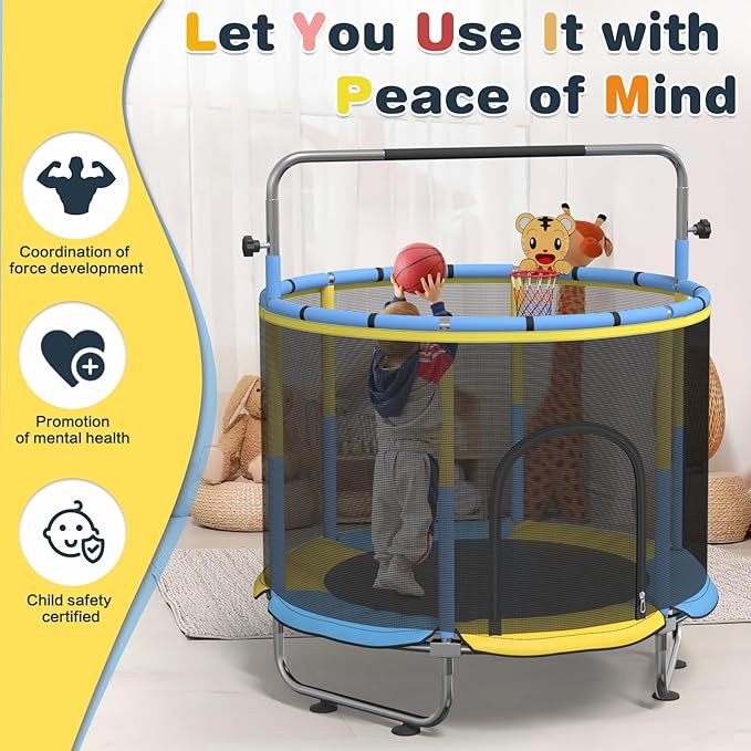 60" Trampoline for Kids, 500lbs Capacit Indoor Outdoor Toddler Trampoline with Adjustable Gymnastics Bar, Gifts for Boy Girl Age 1-8