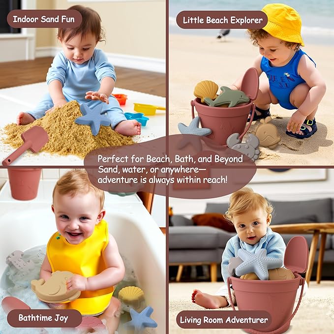 Silicone Beach Toys for Toddlers, Travel Friendly Sand Toys for Babies 6-12 Months, Collapsible Beach Bucket and Shovel Set with 6 Sand Molds for Kids, Family（Pink）