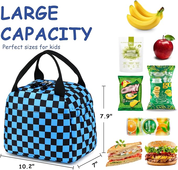 Lunch Box Kids Insulated Lunch Bag Large Reusable Leakproof Cooler Lunch Bags for Boys Girls School Travel Picnic (Blue Check)
