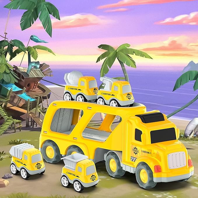 Veslier Toddler Car Toys for 3 4 5 Years Old Construction Transport Truck with 4 Pack Small Pull Back Construction Vehicles Friction Power Cars Christmas Birthday Gifts for Kids Boys Girls