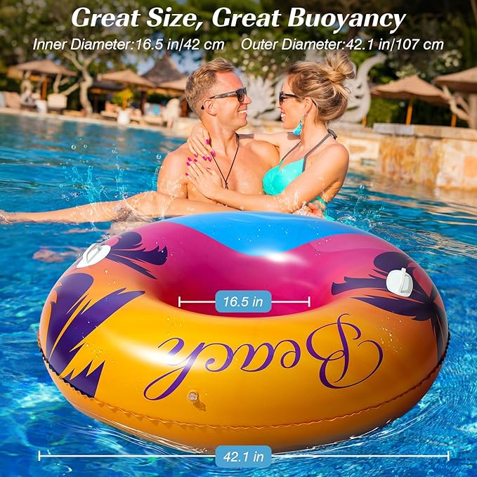 HeySplash Pool Tubes for Adult, 42 Inch Large Pool Floats with Handles, Inflatable Swim Rings Lounge, Hawaii Fun Swim Floaties Swimming Pool Beach Lake River Party Decoration Toys, Orange Purple Beach