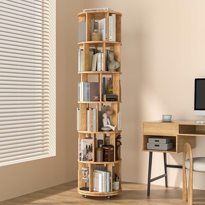 6-Tier Solid Wood Rotating Bookshelf on Wheels, 360° Spinning Book Shelf Tower, Round Revolving Bookcase Organizer, Rolling Bookshelves for Small Spaces, Corner, Bedroom, Kids Room, Office, Natural