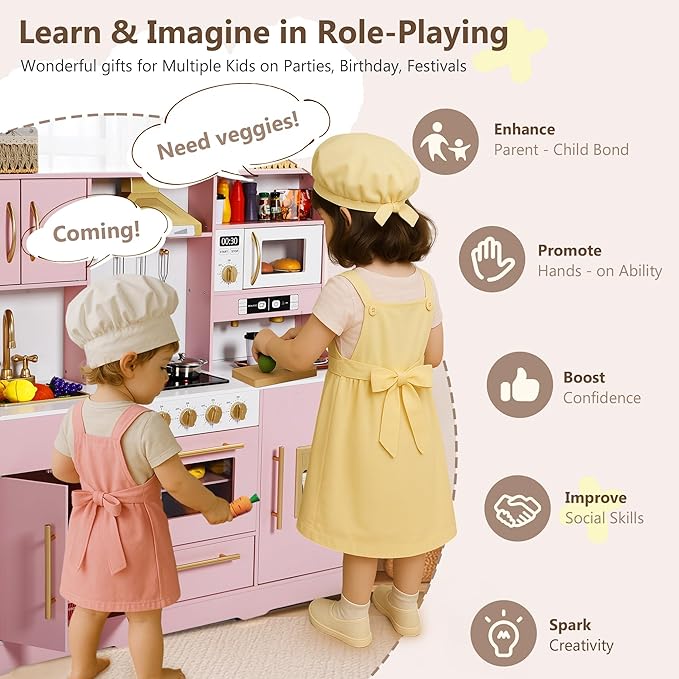 Kinder King Wooden Kids Play Kitchen, Toy Kitchen Playset for Toddler, Play Kitchen Set w/Real Sounds, Pretend Coffee Machine, Kitchen Hood, Sink, Ice Maker, Gift for Boys Girls Age 3+, Pink