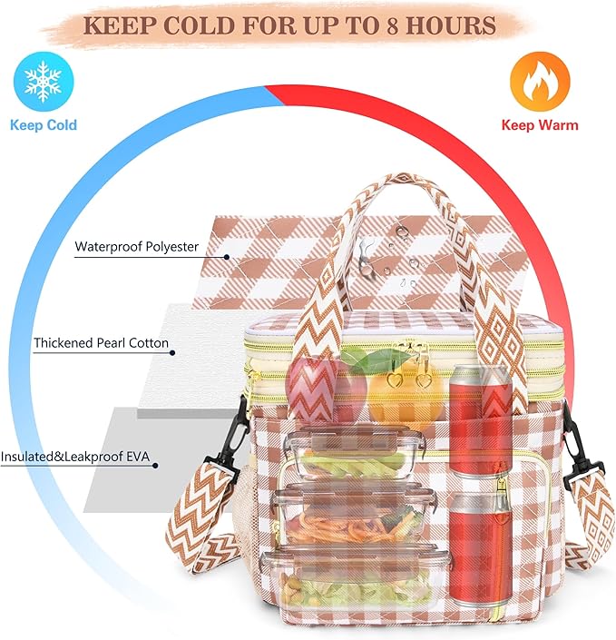 LOKASS Lunch Box for Women-16L-Insulated Lunch Bag Women, Expandable Double-layer Leakproof Cooler Bag with Upgrade Adjustable Shoulder Strap Ideal for Work/Travel/Picnics（Brown&White Check）