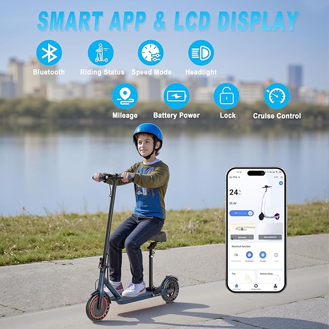 Electric Scooter, Folding E Scooter for Adults with Seat, 350W Motor, 8.5" Tire, 19MPH, 21Mile Long Range Lightweight Teens Commuting Sit Down Escooter with App, Bluetooth, Dual Brake (Seat Optional)