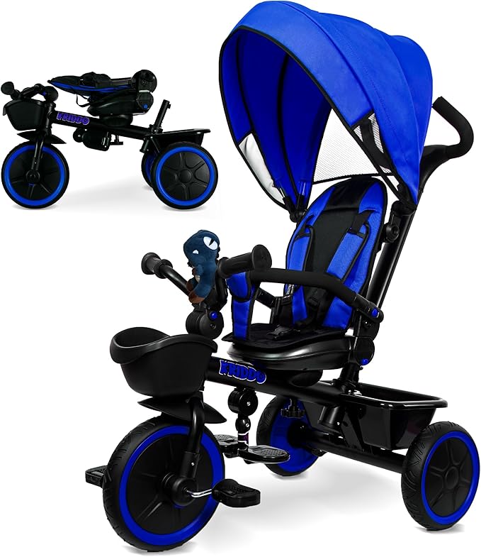 KRIDDO 7-in-1 Tricycle Stroller for Toddlers 18 Months to 5 Years, Adjustable Push Handle, Rotatable Seat, Cup Holder and Retractable Canopy, Folding Baby Trike w/Detachable Guardrail, Footrest, BU