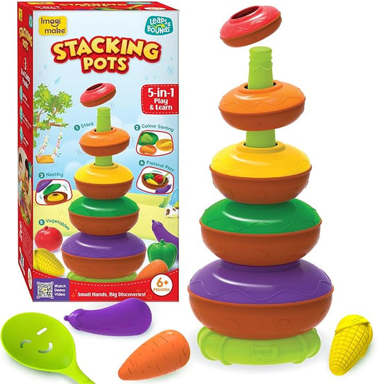 Imagimake Stacking Pots Toys | Leaps & Bounds 6+ Month Old Baby Toy | Learning Toy for Infant & Toddler | 5-in-1 Play & Learn | Stacking, Nesting, Pretend Play | First Birthday Gifts for Girls & Boys