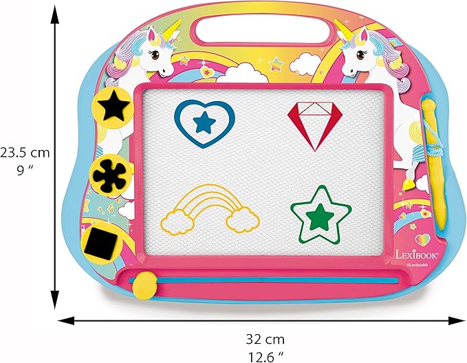 LEXiBOOK, Multicolor Magic Magnetic Unicorn Drawing Board, Artistic Creative Toy for Girls and Boys, Stylus Pen and Stamps, Pink/Blue, CRUNI550