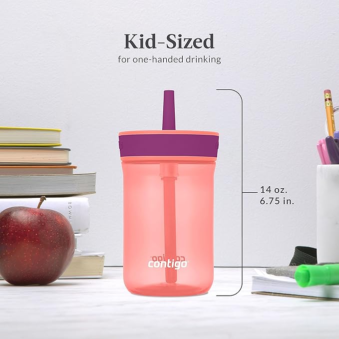 Contigo Kids’ Leighton Straw Tumbler with Spill-Proof Leak-Proof Lid 14oz Coral/Grape
