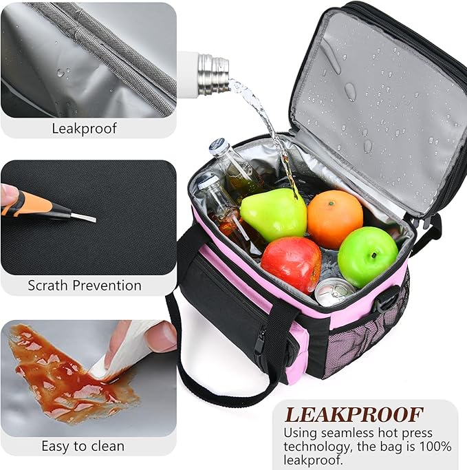 LOKASS Lunch Box & Lunch Bag for Women Men Double Deck, Large Insulated Adult Lunch Box Leakproof Lunchbox Cooler Bag for Work Picnic Beach,（Pink&Black 16L）