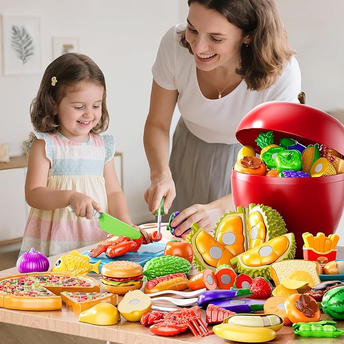 Play Food Set for Kids, Toddler Learning Toys, Cutting Food Toy Color Sorting Set, Pretend Food Play Kitchen Accessories for Kids, Birthday Gifts for 3-8 Years old Boys Girls Educational Toys