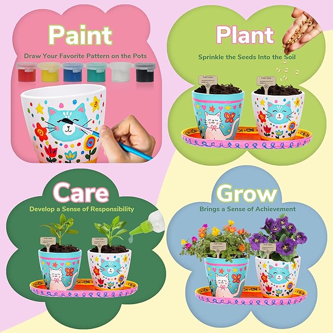 Paint & Plant Flower Gardening Kit with 4 Pots - Kids Gardening Set Ages 8-12, Spring Arts & Crafts Activities Kits, Educational Birthday/Easter Gifts for Boys & Girls Ages 5 6 7 9 10 11
