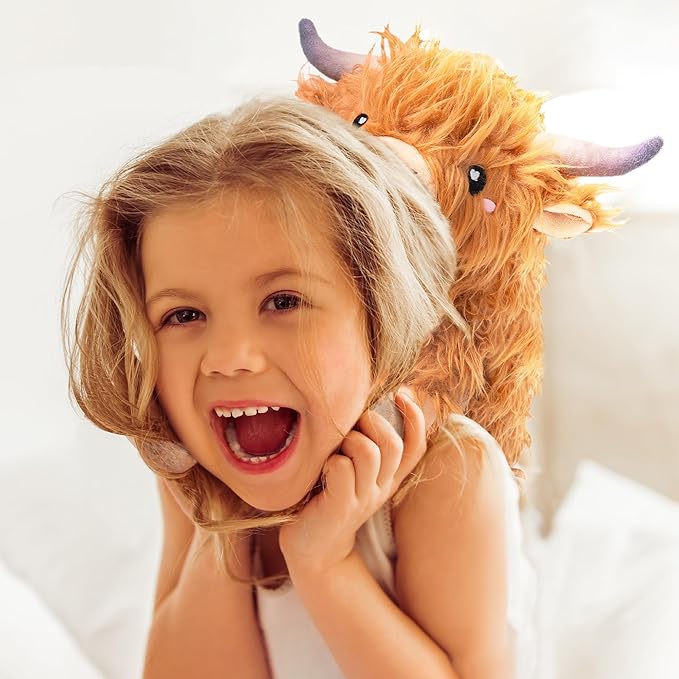 Happy Fuel Highland Cow Microwavable 1.5lbs Unscented Heating Pad for Women & Kids- Cute Soft Cozy Pillow Plush Heatable Warm Stuffed Animals- Kawaii Hot & Cold Plushie Toy- Cow Gifts for Girls & Boys