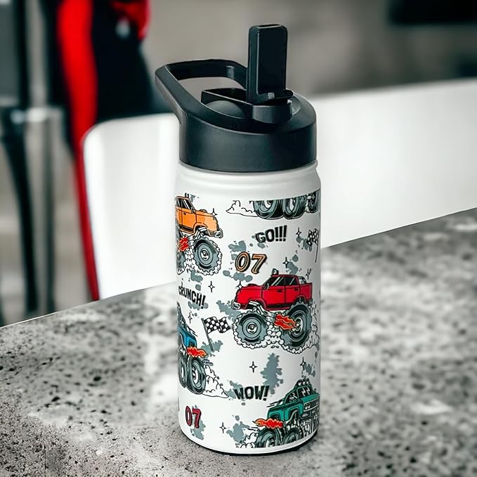 Biddlebee Kids Water Bottle with Straw Lid – 14oz Insulated Stainless Steel Bottle for School – Leakproof Cap with Handle & Touch-Free Spout – For Boys & Girls