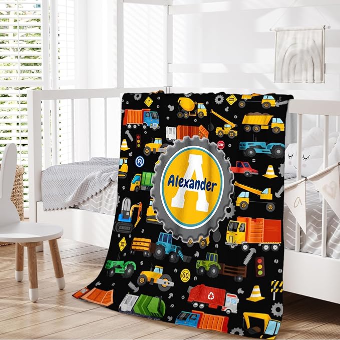 Custom Kids Blanket for Boys 6-8, Truck Gifts for Son Personalized Name 4 Sizes Initial Construction Themed Stuff Throw Soft Plush Cool Accessories Blankets for Sofa Chair Bed Room