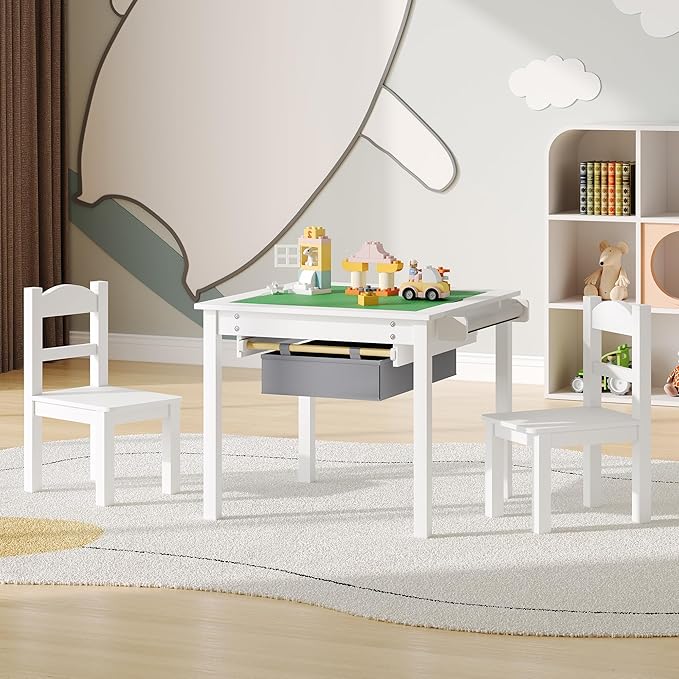 Treocho Wooden Kids Table and Chair Set with Reversible Tabletop, 2 in 1 Toddler Desk with Storage Drawers, Kids Activity Table with Blocks Building Baseplate for Playing, Reading, Drawing, White