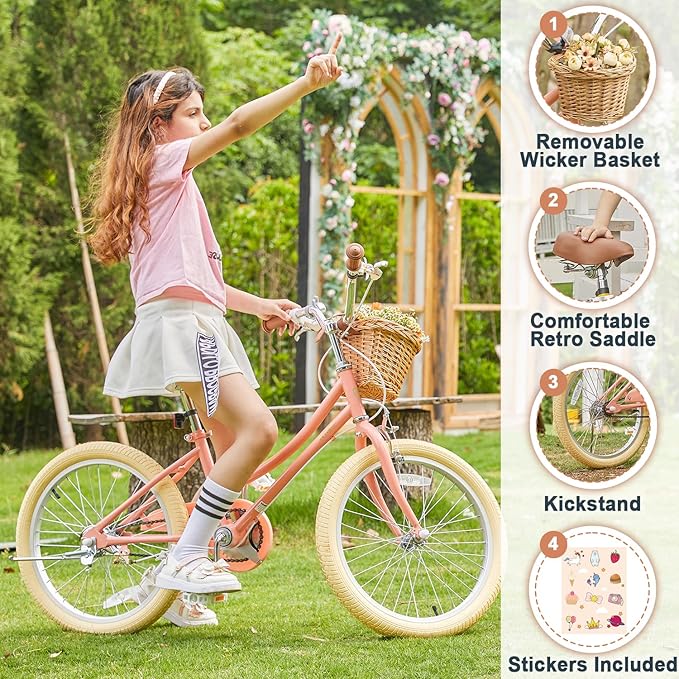 Petimini Girls Bike with Basket for 2-12 Years Old Kids, 12 14 16 18 20 Inch Bicycle with Bell Training Wheels Basket, Multiple Colors