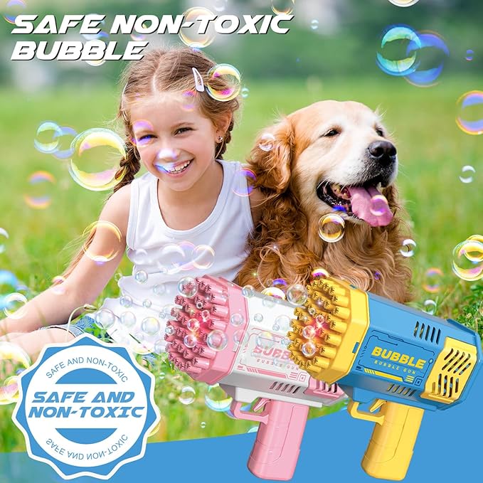 Dolanus Bubble Gun 2 Pack with 2 Bottles Bubble Solution, 40-Hole Light Up Dip Bubble Machine for Kids, Bubble Toy for 3 4 5 6 7 8 Years Old Boys Outdoor Indoor Kid Birthday Wedding Party(Blue&Pink)