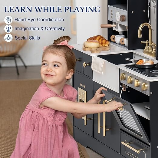 ROBOTIME Wooden Play Kitchen for Kids, Toddler Kitchen Playset with Ice Maker and Coffee Machine, Realistic Kids Play Kitchen Toy Gift for Girls & Boys Ages 3+ Black