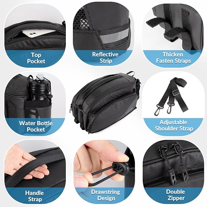 WOTOW Rear Rack Bag, 12L Waterproof Reflective Bicycle Trunk Bag, Cycling Rear Seat Carrier Backseat Storage Luggage with Water Bottle Holder, Shoulder Strap for MTB Bike E-Bike