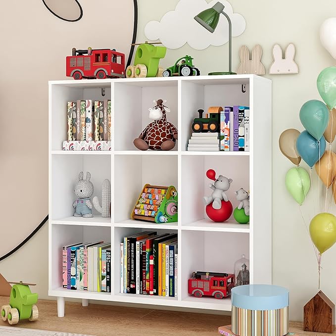 9 Cube Storage Organizer | White Bookshelf|3 Shelf Bookcase |Long Bookshelf| -Cubic Storage Cabinet（Storing Books,Toys & More Easy to Install）