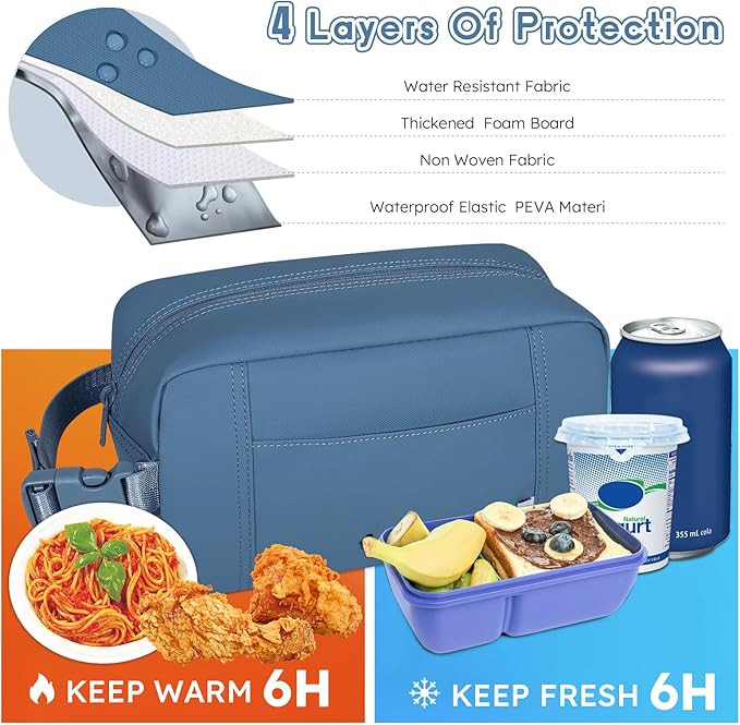 NOL Natural Organic Lifestyle Freezable Snack Bag, Leakproof Cooler Lunch Bag, Reusable, Zip Closure with Buckle Handle Nylon Waterproof Snack Box for Work Travel-Dusty blue