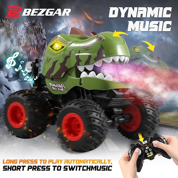 BEZGAR Monster Truck Toys - Remote Control Monster Truck with Spray, Light, Music, Dinosaur Toys for Kids, 1:20 Scale RC Truck with 360° Spins and Drifting, Remote Control Car for Boys 4-7 Camo Green