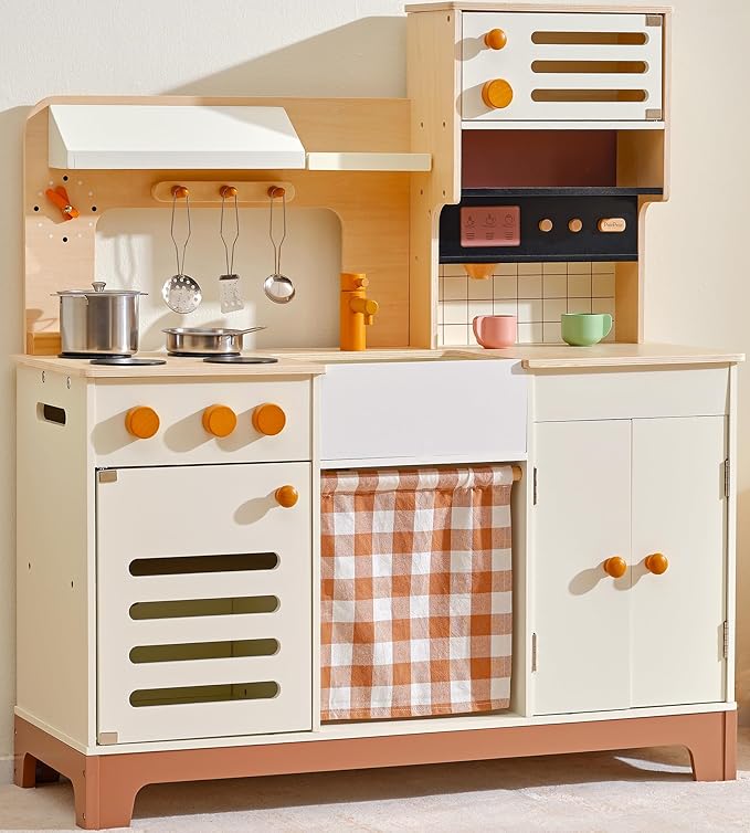 PairPear Wooden Play Kitchen for Kids, XL Large Toy Kitchen Playset with Coffee Maker, Fridge & Large Storage System, Pretend Toy Food Cooking Set Play Kitchen Accessory for Kids Ages 3+