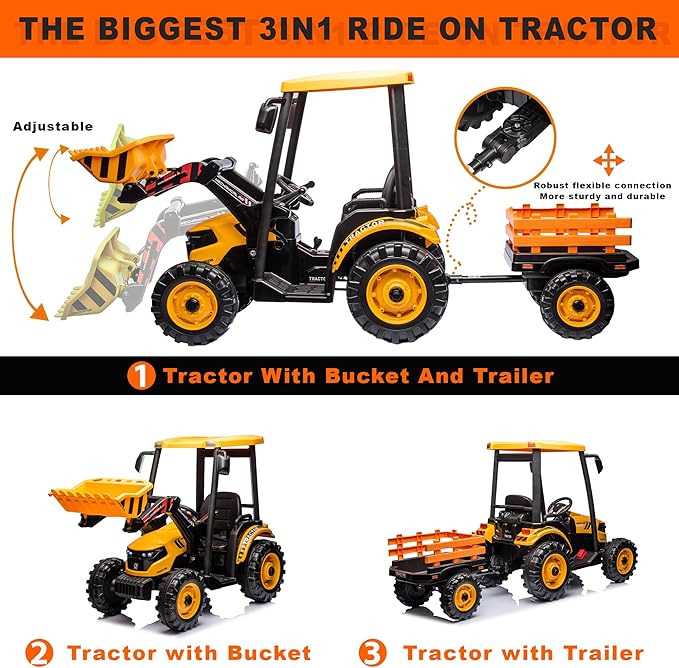 Kidsera 24V Kids Ride on Tractor with Trailer & Front Loader, 3 In1 Tractor 4-Gearbox 24volt Dual Motors Metal Frame, 24V Ride on Toys for Big Kids, Power Wheels Kids Electric Vehicles (Yellow)