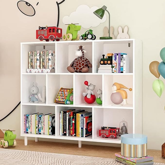 10 Cube Storage Organizer |Wide Bookshelf|3 Shelf Bookcase |Library Bookcase -Cubic Storage Cabinet（Storing Books,Toys & More Easy to Install）