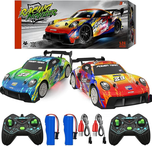 2 Pack RC Cars for Kids and Boys, Girls 4-7-8-12 Gifts, Remote Control Car, LED Lights, Head Lights, 4WD Racing Cars,2.4GHz Dual Player, Colorful Graffiti Designs