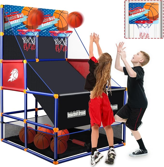 Arcade Basketball Game Set for Kids, Boy Toys Basketball Hoop with 4-5 Balls for 3-12 Years Old, Adjustable Height w/Pump & Storage Net for Kids Indoor Outdoor Sports Play, Christmas Birthday Gifts