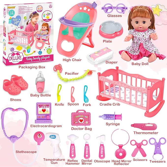 Baby Doll Toys Set, 14" Doll Toys, 25Pcs Dolls Care Toy Playset, Toddlers Toy Dolls Set Incl Cradle Crib, High Chair, Milk Bottle, Pacifier, Diaper, Baby Gift for Age 3 4 5 6+ Years Old Girls Boys